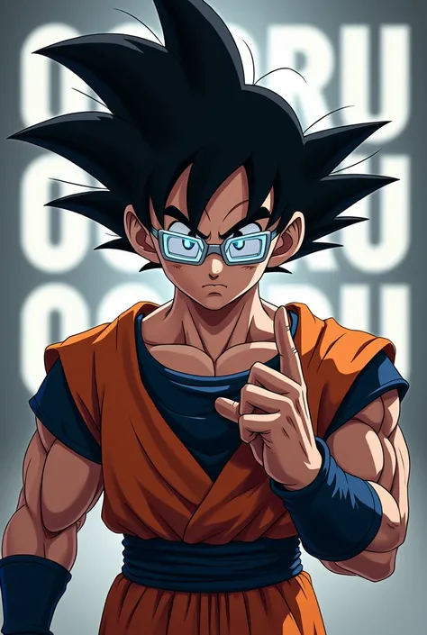 Goku gt with lenses making a 2-finger sign with his hand and with the letters OORU 