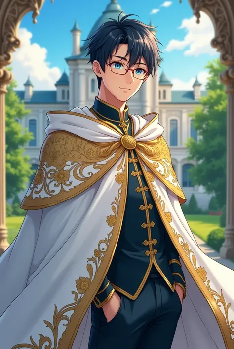  Anime Pictures,   full body image  , The background is a garden . In a European palace   , 1 person , , a man with blue eyes ,  golden hair ,   handsome, ,  , a 17-year-old Chinese teenager   , , Short hair,  wearing glasses  ,    wearing a white cloak of...