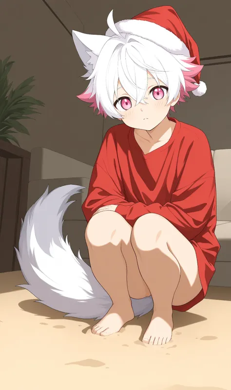 1boy,Pink Eyes, Fox Ears,white hair,white ends of hair,muliticolored hair,looking at viewer,cute boy,red shirt,living room background,sand,Anime, Anime Style,13year old boy, full body,wolf tail,black tip on tail,sitting or crouching, santa hat, chrismas se...