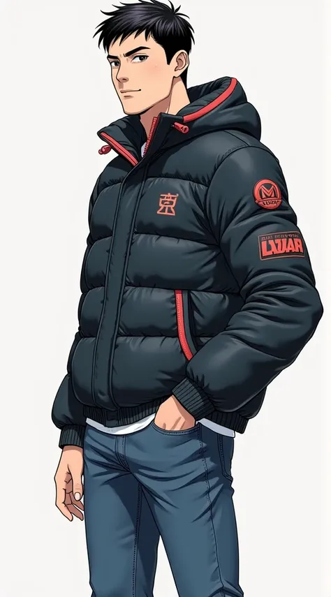  Japanese man、Very handsome、Male college student、Aggressive type、naughty 、standing collar のダウンジャケット、 Tall、standing collar シャツ、 very short hair、tightなダウンジャケット、tight、 athletes、 shiny down jacket、Full body illustration、 manly、Cool and sporty 、 down jacket col...