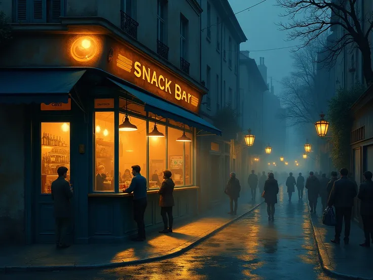 VIEW OF THE SNACK BAR OF THE FRENCH CITY OF LYON IN THE LAST CENTURY AT NIGHT, MELANCHOLY ATMOSPHERE STREETS ILLUMINATED BY LAMPLIGHTS 