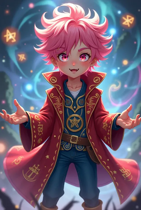 (anime)a mischievous pink-haired boy dressed like a wizard
