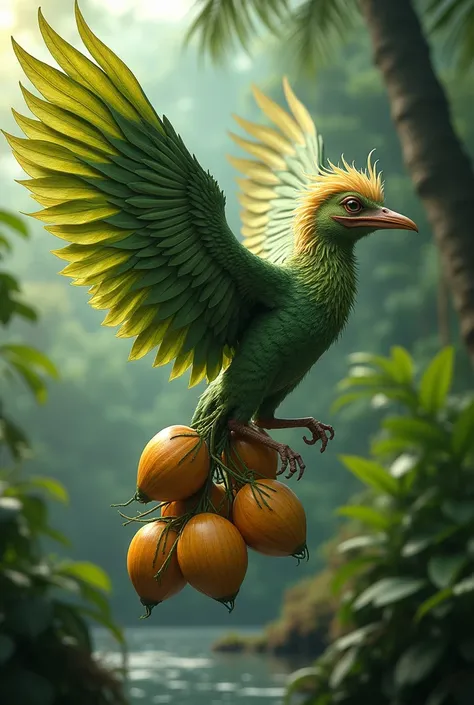 A bird with wings resembling palm tree leaves and coconuts hanging from its feathers.