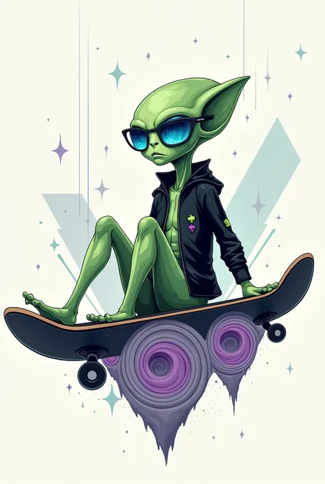  Description of a 2D print for PsycheLab :

 A stylized alien with a slender body ,  with textured light green skin ,  is sitting relaxed on a floating skateboard shape .  He wears a futuristic sunglasses with neon blue lenses ,  reflecting patterns of psy...