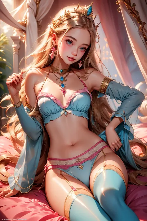 araffe magazine cover with a pretty young woman in a pink and blue outfit, lovely languid princess, barbie doll in panties and bra, belle delphine, lone petite female goddess, bright blue shiny lingerie, cute panties, smiling as a queen of fairies, dreamy ...