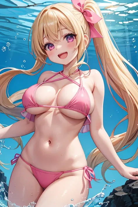 1 girl, best quality, masterpiece, 8K, cute, shiny skin, pink bikini, ribbon bikini, crop top, (navel:1.2), midriff, bare stomach, huge breasts, long hair, blonde hair, side ponytail, open eyes, smile, open mouth, smile,(underwater1.1),