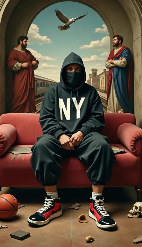 A surreal artwork inspired by classical Renaissance paintings, depicting a modern urban character sitting on a worn-out couch. The character wears a black hoodie with a large NY logo, a ski mask, and oversized basketball shorts. The setting is a mix of cla...