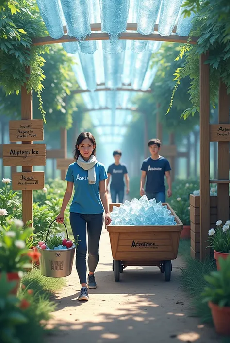 Aquaponic vegetable farm ,  aquaponic paralon containing many crystal ice cubes ,  two beautiful women in blue t-shirts with white scarf inscribed aspen collecting ice crystals with bucket inscribed Aspenice,  two handsome young men carrying ice cart , woo...