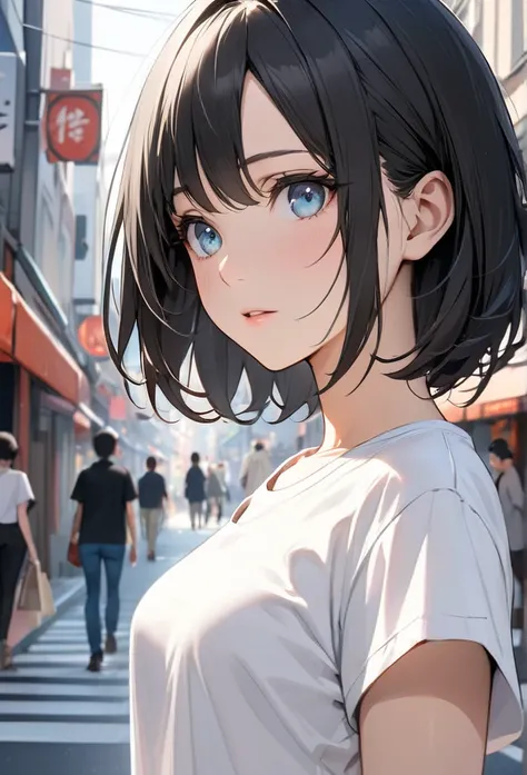 Upper body close-up（((masterpiece), on)"Perfect face, short black hair, beautiful eyes, Japanese, clean facial features, she wears a white T-shirt and denim pants, walking through the city. The background shows a typical everyday scene, emphasizing her sim...