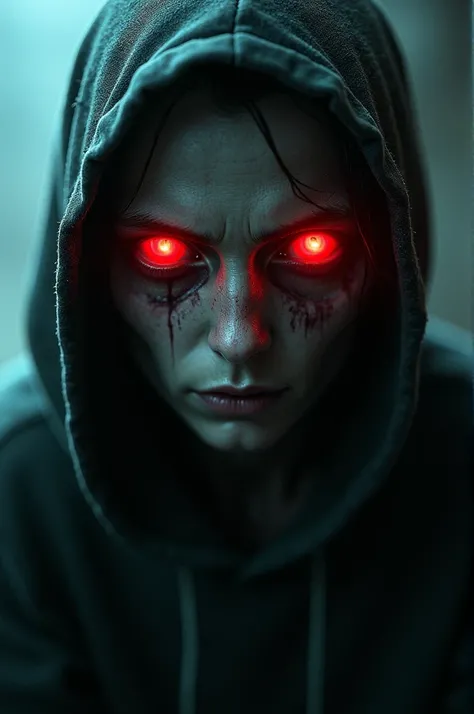 Create an image of a red-eyed character who appears to be addicted to online games