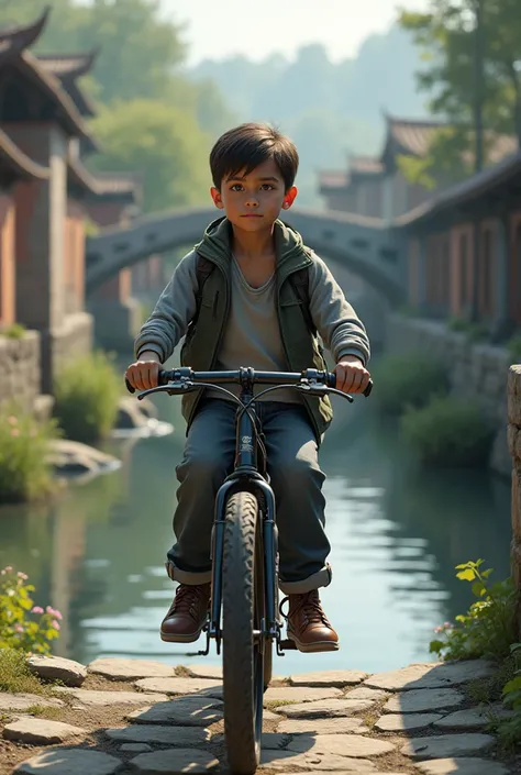 Create an image of a boy sitting on a black bike on a bridge, with realistic details, capturing the essence of a real-life scene.