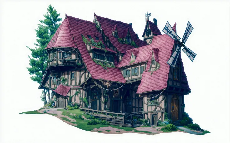  a picture of a house ，There is a windmill on the roof , Dream House,  medieval fantasy town ,  anime landscape conceptual art ,  Studio Ghibli smooth conceptual art, Beautiful fairy tale rendering ,   conceptual art very detailed  , Fantasy Architecture, ...