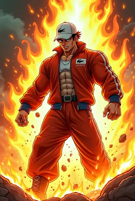 Manga avec des flamme en fusion le manga doit etre du style dragons ball z . Doit avoir un training lacoste avec une casquette nike 