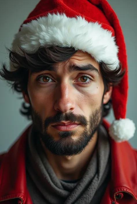  A young man with hair, brown eyes and beard , He wears a Santa Claus hat ,  but his expression is angry or sad