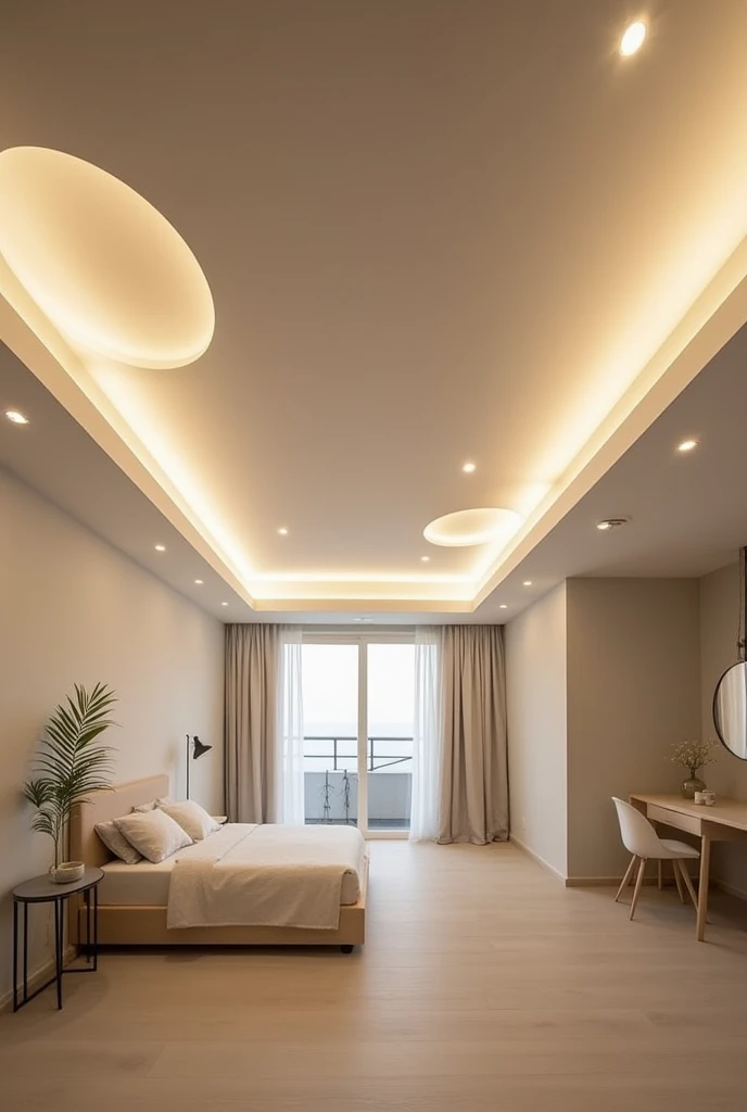 Ceiling design with indirect light , simple circular shapes and drywall in a room with minimalist furniture