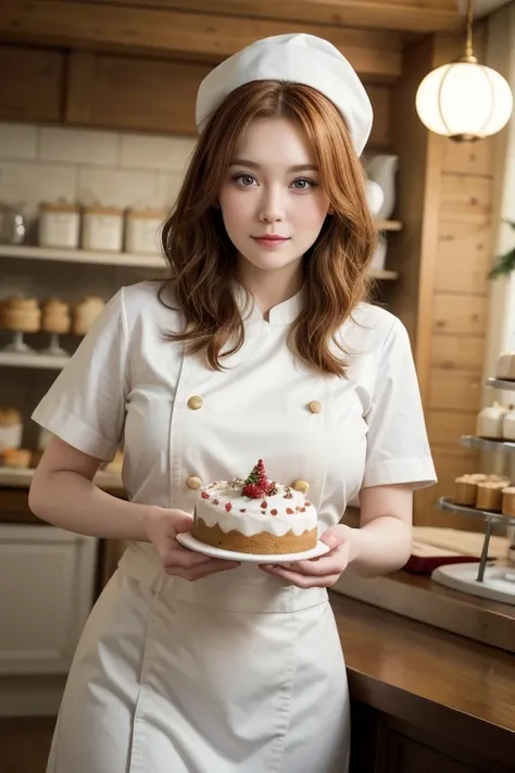 Christmas season, in a cozy pastry shop, a pastry chef, creating a luxurious Christmas cake with intricate decorations, with bob hairstyles pale orange and brown hair, wearing a clean white chefs uniform and Santa Clauss hat, beautiful white-colored transl...