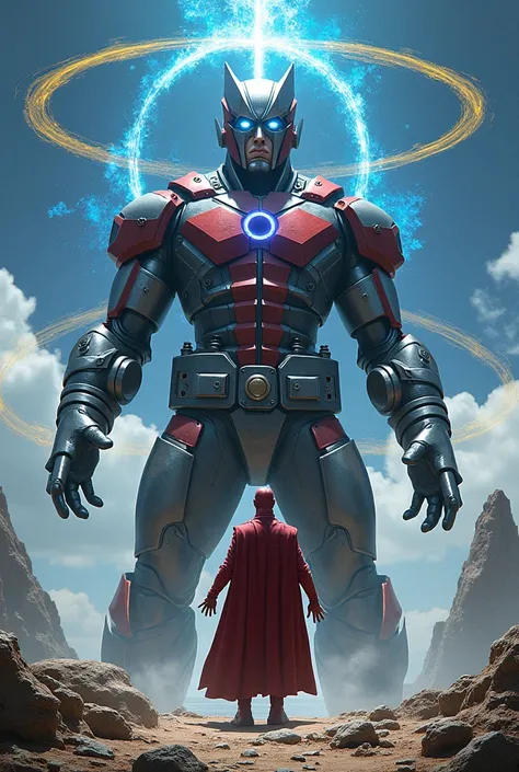 Magneto building a giant metal power reactor with some blue rays coming out of it, with metals levitating and yellow magnetic fields surrounding , on an island.