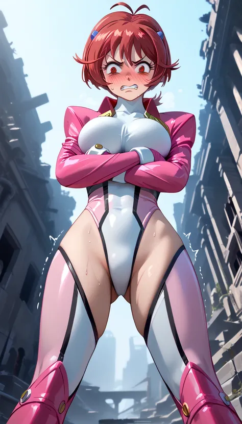  4K masterpiece top quality high definition:  super resolution super detailed, red hair, antenna hair, short hair, red eyes, large breasts　hair ornament, white leotard, two-tone bodysuit, pink sleeves, pink and white thighhighs, pink boots (crossed arms:1....