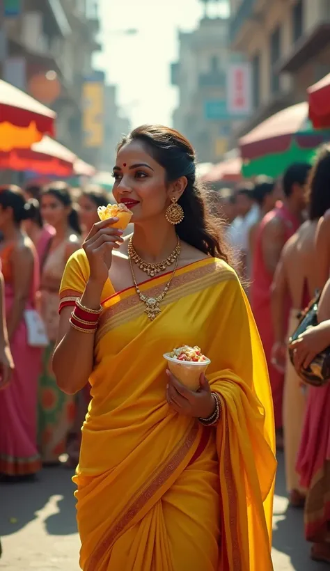 Create a jpg image like bollywood actress kajol devgen is eating a golgappe in the mumbai street she is wearing a yellow saree and she telling to golgappe owner plz give me golgappe bhiya they can looks beautiful in wearing a yellow saree 