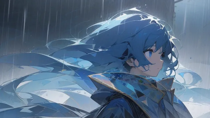 miku with blue long hair,Look at the Earth, it&#39;s a distorted world　From the side, faraway view, standing,Standing on a street corner in the rain,rain