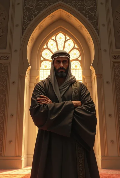 A man standing in a mosque. He has his arms folded and looks angry.