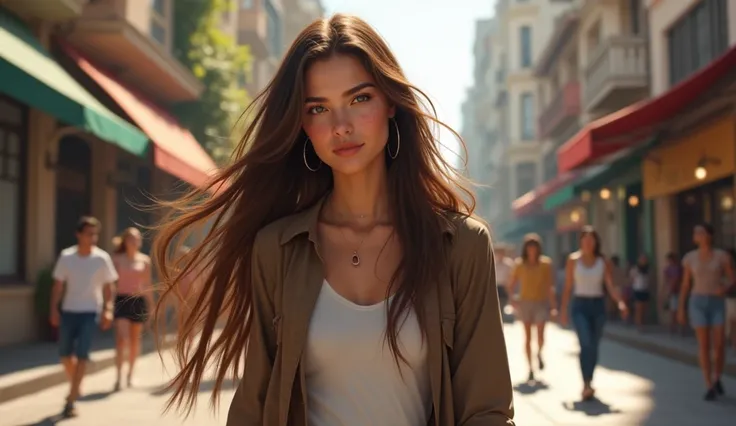 Young woman walking on the street with beautiful pimples, lowering her extended hair