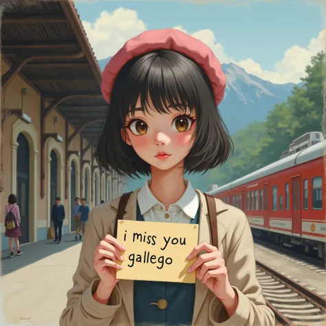   I would like you to paint a girl with short hair, without bangs, wearing a pink beret , at a train station called  "CANFRANC "   with a note in your hand that says  " I miss you Gallego "