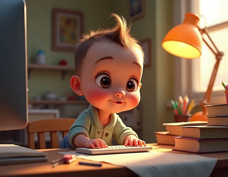  a  Disney Pixar-style baby is now at a desk,  with her hands on a computer keyboard . She is equipped ,  with her eyes fixed on the computer screen .  The surrounding environment includes scattered school supplies ,  a bright lamp and a window allowing na...