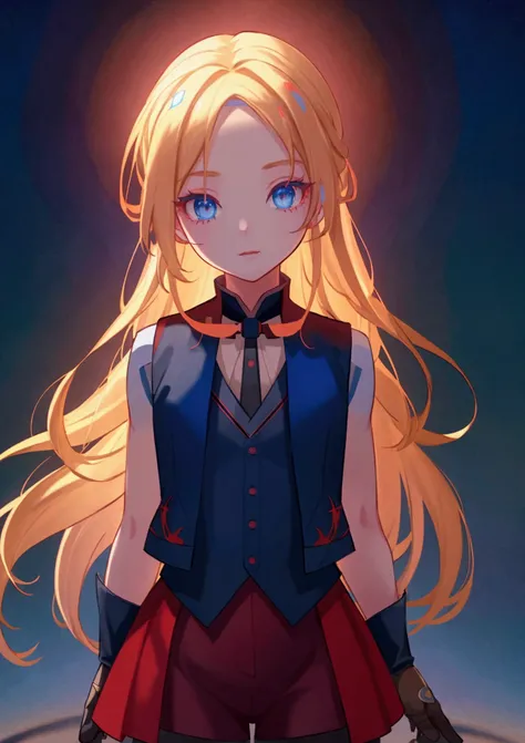 The background is a sunset sunset 、 blue and red contrast like a game cover、Night Sky、Sky City、church,Like a game cover、eclecia(Half Blonde、 blue eyes、 has long eyelashes）、 ( high resolution CG Unity 8K Wallpaper , masterpiece,  top quality,  very detailed...