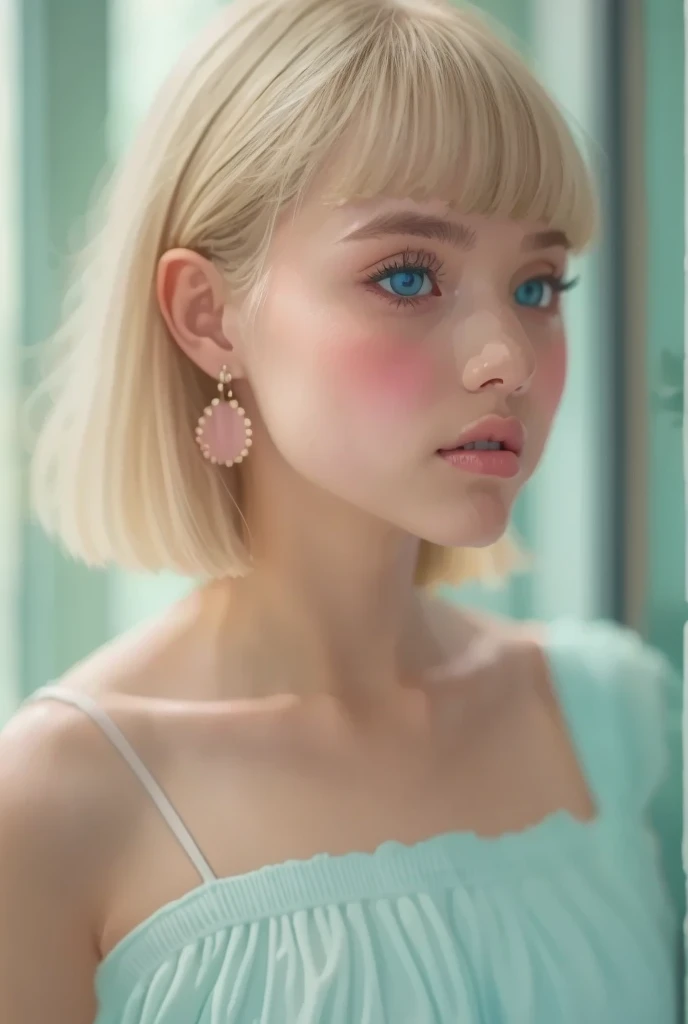 Detailed portrait of blue-eyed teenage girl with thick eyelashes ,  Hyper Details ,  Photorealistic,  perfect face, Front View, Blue Eye Earrings with Thick Lashes Clear Like Glass , real skin,  pink medium length hair with bangs  ,  white high waisted ple...