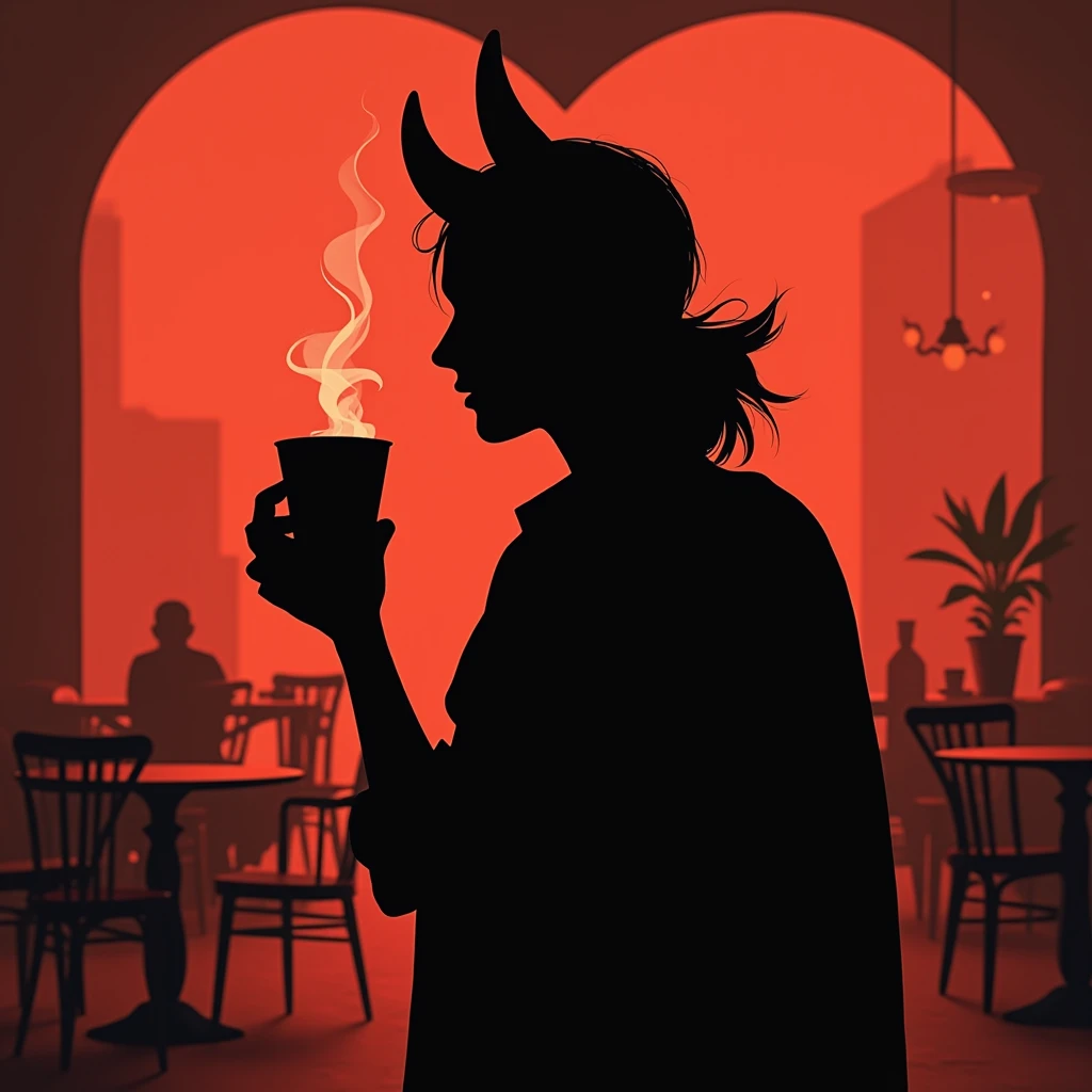 Whatsapp profile picture, silhouette, admin red devil holding coffee, cafe background 