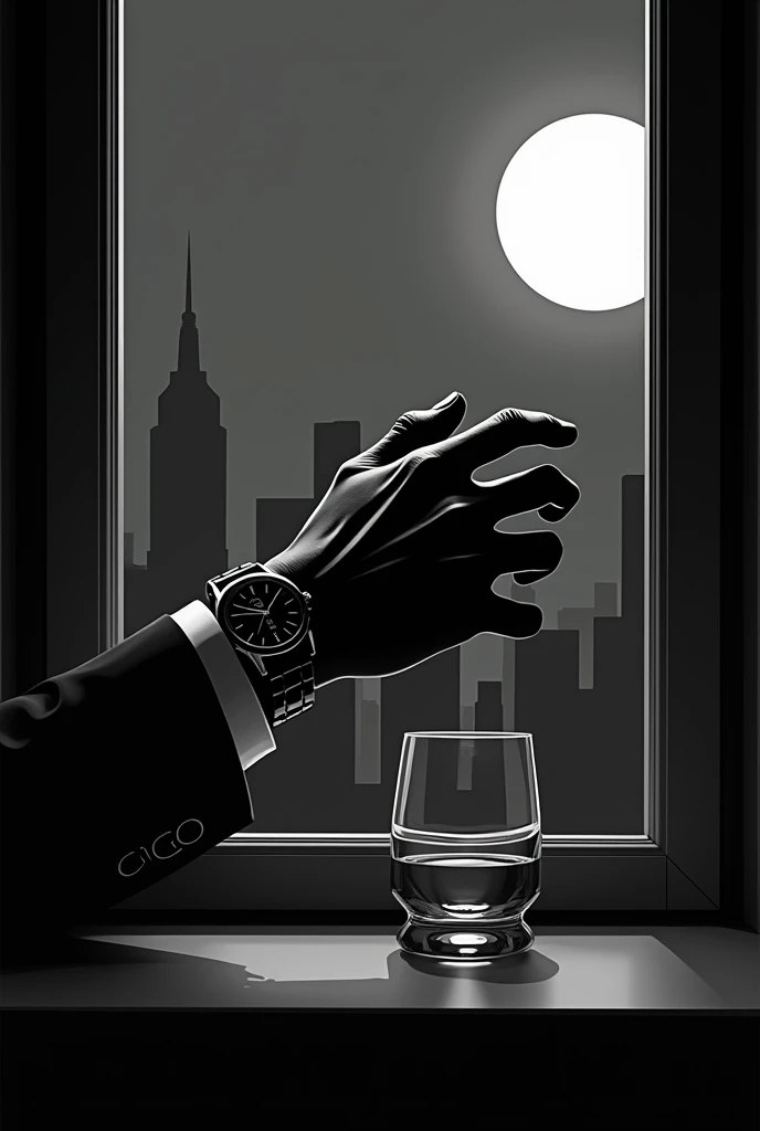  Minimalist black and white design of a male hand holding an elegantly designed watch and a glass of whiskey.  in the background , a simplified night view from a window ,  with buildings suggested by clean lines and a full moon highlighted in the sky .  Th...