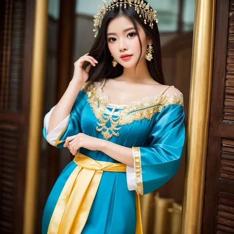 Beautuful thai woman wearing thai traditional dress.