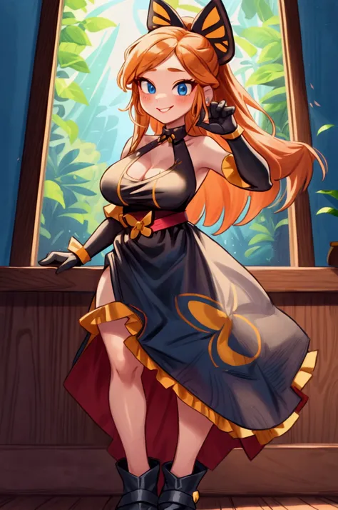 "Masterpiece, best quality, 1 girl, orange long hair, ponytail in hair, blue eyes, standing indoors with intricate details and sunlight. black and yellow frilled dress with short neckline, black gloves, black butterfly belt, earrings, black boots. Sweet sm...