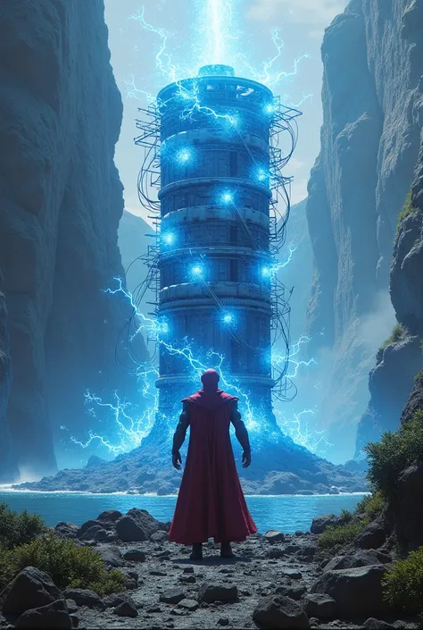 Magneto building a giant metal power reactor with some blue rays coming out of it, with metals levitating , on an island.