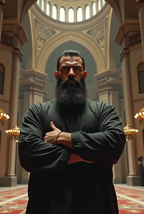 A bearded muslim man standing in a big masjid. He has his arms folded and looks angry and devil.