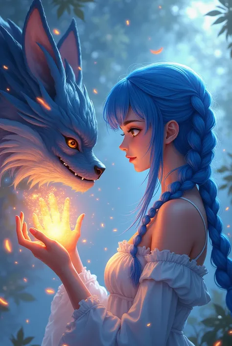 A woman with blue hair and two braids, one in the front right and one in the back left, plays with fire anime animal