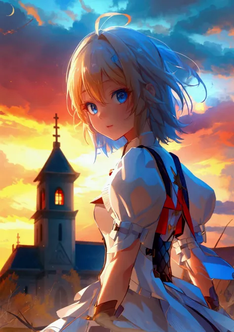 The background is a sunset sunset 、white saint 、白いchurchの服、 blue and red contrast like a game cover、Night Sky、Sky City、church,Like a game cover、eclecia(Half Blonde、 blue eyes、 has long eyelashes）、 ( high resolution CG Unity 8K Wallpaper , masterpiece,  top...