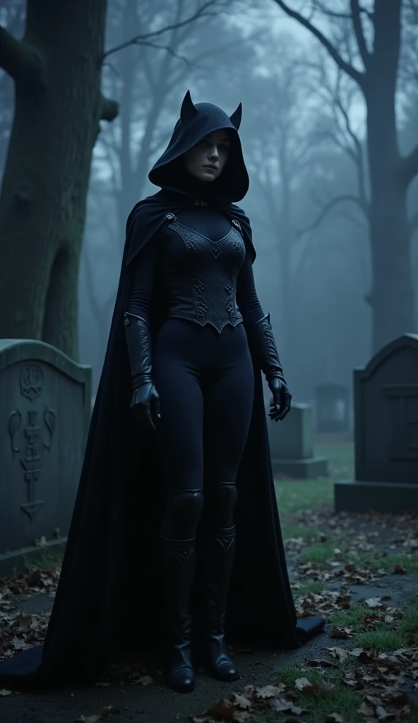 DVD screengrab, from a 1950 super panavision 70 movie, featuring Raven, Teen Titans, as a dark fantasy character. Raven is wearing her default outfit reimagined in a medieval style, holding nothing, and standing in a graveyard. The scene is dark and tense,...