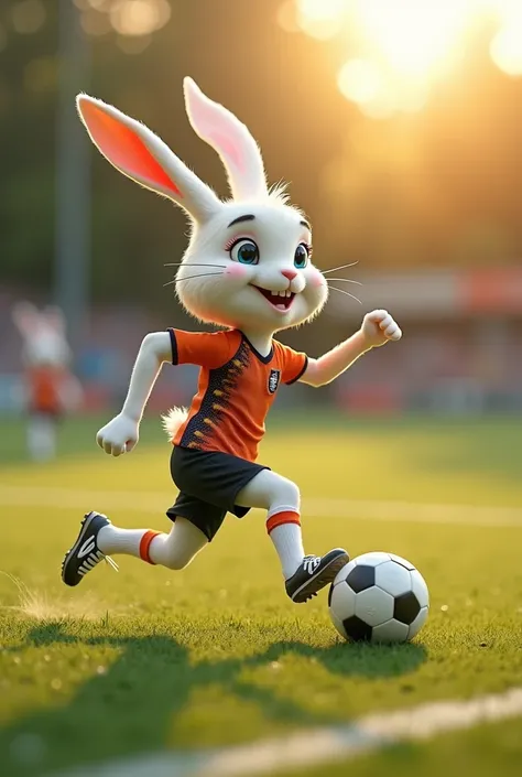 A person with the face of a rabbit and smiling playing soccer
