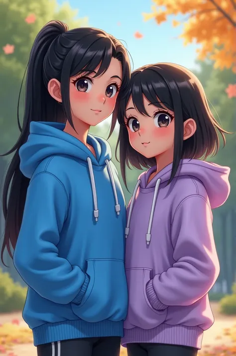 Two girls together, The one with the tallest blue hoodie ,  that has long black hair and is a little sportier ,  and the one with the hoodie Lila who has lighter black hair and is more delicate and short 