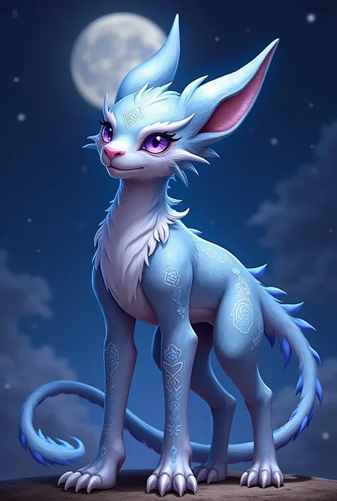 Create a detailed portrait of a Lunar Guardian. He should have a tall, slender, and muscular build with silver-blue fur that shimmers under the moonlight, giving the appearance of stars. His six tails, covered in silver and blue feathers, should be long an...