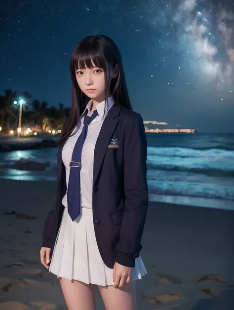 1girl,solo,closed mouth,night,starry sky,light particles,otonokizaka school uniform  ,pose, realistic,  medium breasts, beach,twilight,realistic, best quality,looking at viewer,Cyberpunk