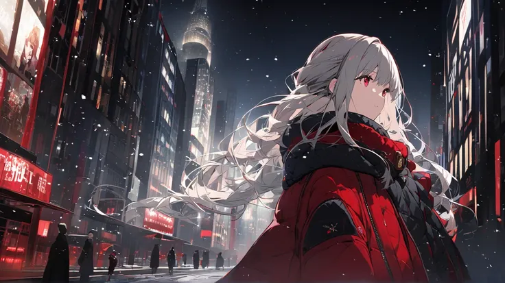 Distant View Girl red eyes red Drill Twin hair Night winter snow Quiet City Shining  View People Main profile