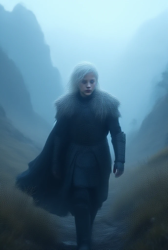 A targaryen boy with s with silver hair and purple eyes trails with black simple armor