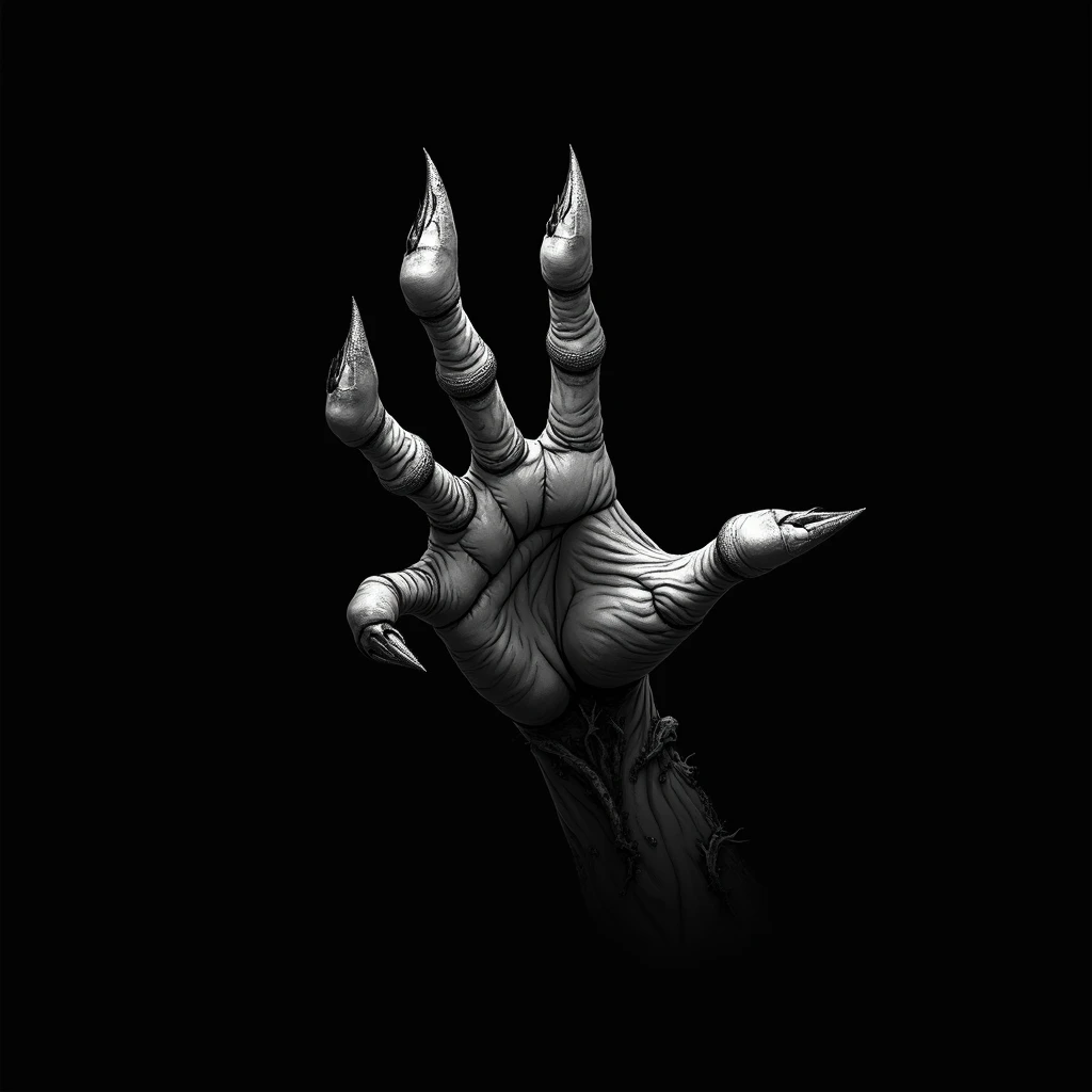 The logo is a nightmarish demonic hand on a black background. Black background. logo