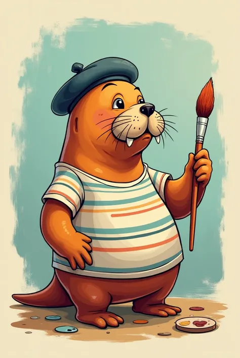 a cartoon walrus standing vith a art brush vaiting to draw something vith a french hat in a striped t shirt