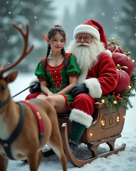 A wide shot from a side angle, showcasing the stunning 24-year-old Ukrainian model in her bright red and green elf costume, with short sleeves and matching socks, sitting in the back seat of a wooden sleigh pulled by reindeer. The sleigh is decked out in t...