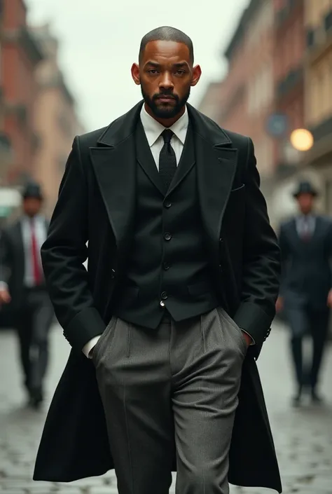 ultra realistic image of actor Will Smith with all his features,  wearing a costume referring to the Peaky Blinders gang a gang of English origin ,  the costumes must be realistic and faithful to the one used by the members of the gang , Messi is walking ,...