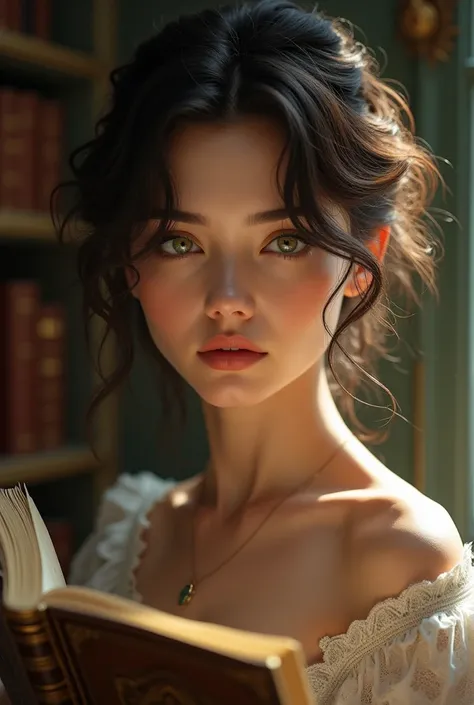 A brunette influence with short hair, sexy but at the same time elegant green eyes who studies language 